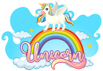 Cartoon character of unicorn standing on rainbow with unicorn font