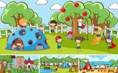 Outdoor scenes set with many kids doodle cartoon character