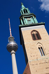 Berlin TV Tower and St. Mary Church, Marienkirche, Karl-Liebknechy Straβe, Mitte, Central Berlin,...
