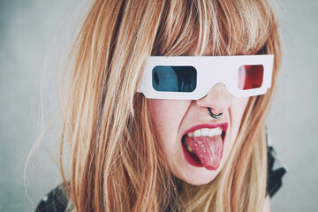 Young woman wearing vintage 3D glasses