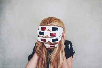 Young woman wearing vintage 3D glasses