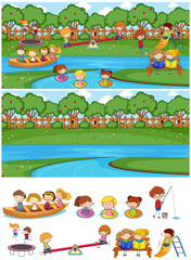 Obraz premium Set of different horizontal scenes background with doodle kids cartoon character