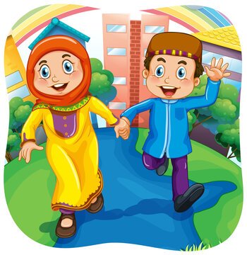 Muslim sister and brother cartoon character