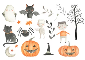 Fototapeten Watercolor Halloween illustration for invitation, frames and tags with cute pumpkin, ghost, skull, black cat  © Bianca