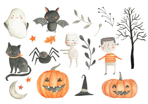Watercolor Halloween illustration for invitation, frames and tags with cute pumpkin, ghost, skull, black cat 