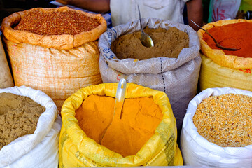Bags of spices in market in Sri Lanka