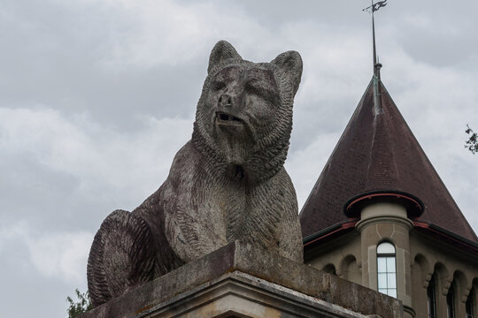 Bear statue in front of Bernisches Historisches Museum (Einstein Museum)  in Bern, Switzerland