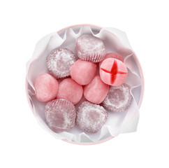 Many different delicious mochi in box on white background, top view. Traditional Japanese dessert