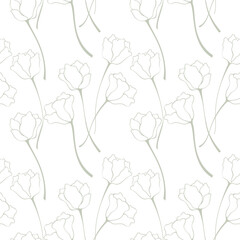 Hand drawn floral vector seamless pattern. Elegant grey flowers tulip on white back. 