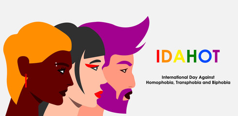 May 17 - The International Day Against Homophobia, Transphobia and Biphobia. Horizontal poster with horizontal poster with different lgbtq people. Template for background, banner, poster. Eps 10.