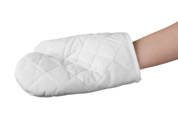 Chef in oven glove on white background, closeup