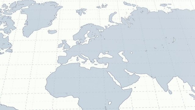 World map - flying over map of the world with grid, Europe and Africa in center. Offwhite and grey coloured flat atlas map. 3d render animation