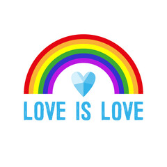 Love Is Love - typography quote, crystal heart and rainbow flag isolated on a white background. Vector illustration for Happy Pride Day, Happy Valentines day and LGBTQ Community support. For prints.