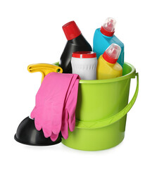 Fototapeta na wymiar Bucket with different toilet cleaning tools on white background