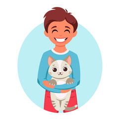 Cute boy holding a cat in his hands. Boy with pet. Vector illustration