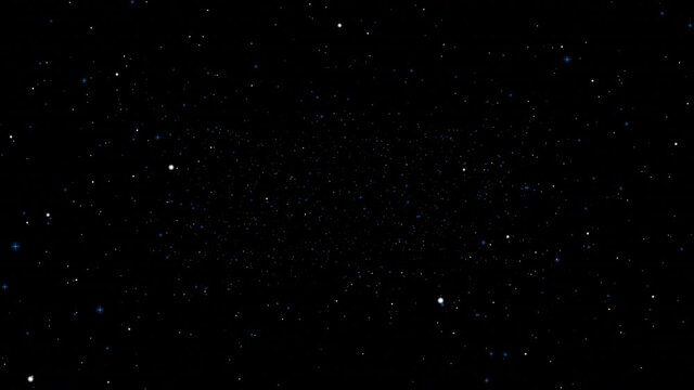 Flying through blue star field in deep space. Abstract cosmic background. Stars or particles on black screen. Space dust. Seamless loop