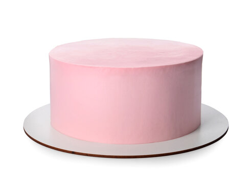 Delicious Pink Cake On White Background. Birthday Celebration