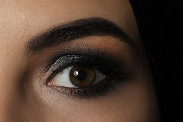 Young woman with evening makeup, closeup. Eye shadow product
