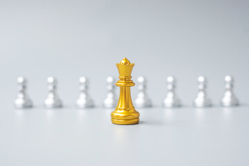 golden chess king pieces or leader businessman stand out of crowd people of silver men. leadership,...