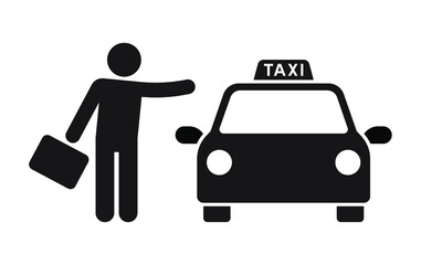 Passenger waving taxi with suitcase, Taxi sign silhouette icon symbol, Pictogram flat design, Vector illustration