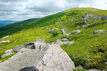 stones on the hill of mountain meadow. beautiful summer landscape with clouds above the horizon