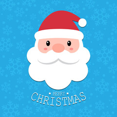 Cute Santa Claus head with Merry Christmas text on blue snowflakes background, Happy X'mas new year greeting gift design template, Flat design vector Illustration