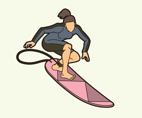 Surfer Surfing Sport Female Player Action Cartoon Graphic Vector