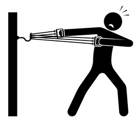 stick man, athlete works out in gym and stretches sports elastic expander for arms and chest. Rubber sports trainer for fitness. Vector