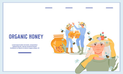 Web site or landing page banner with hiver or beekeeper characters, flat vector illustration. Professional farmers with honey and bees. Apiary, beekeeping and honey production.