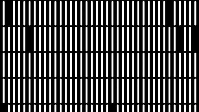 Horizontal rows of flowing narrow short stripes on black background, seamless loop. Animation. Monochrome moving vertical parallel segments with some lacks of them in a row.
