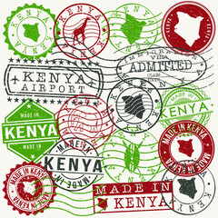 Kenya Set of Stamps. Travel Passport Stamps. Made In Product. Design Seals in Old Style Insignia. Icon Clip Art Vector Collection.