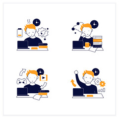 Procrastination flat icons set. Fatigue, work procrastinating, habits, overcome procrastination. Overwhelmed concept. Vector illustrations