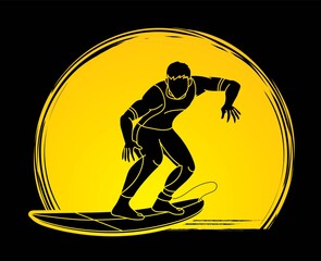 Surfer Surfing Sport Male Player Action Cartoon Graphic Vector