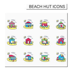 Beach hut color icons set. Modern facade comfortable houses on beach. Perfect relax place. Seascape. Rest concept. Isolated vector illustrations