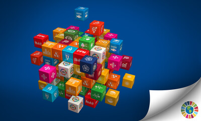 3D rendering colourful cubes Illustration of Corporate social responsibility icons. Concept design of sustainable development and to create a sustainable world. 3D Icons. 3D Illustration.