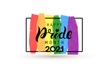 Pride month 2021 logo with rainbow flag. Pride symbol with heart, LGBT, sexual minorities, gays and lesbians. Banner Love is love. Template designer sign, icon colorful brush strockes rainbow.