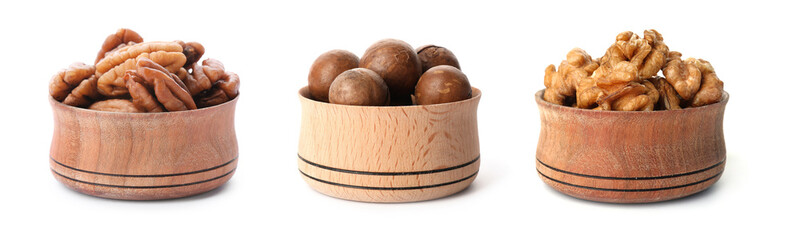 Set with different tasty nuts on white background. Banner design