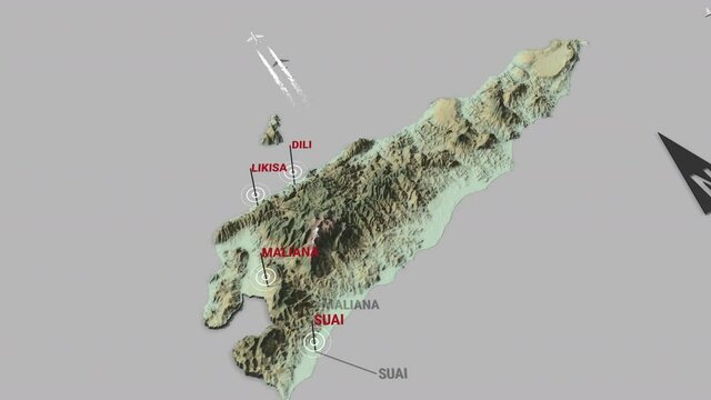 Seamless looping animation of the 3d terrain map of East Timor with the capital and the biggest cites in 4K resolution
