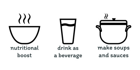 Vector illustration set of icons for broth or soup for cancer patients. Cooking soup or drink as a beverage.