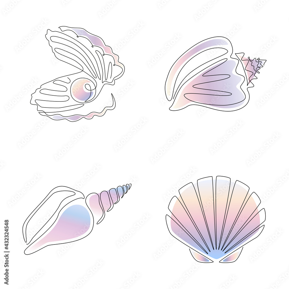Poster set of seashells and oyster with pearl in one line drawing. vector sea shells and scallop for logo, 