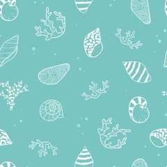 Süße handgezeichnete Muscheln nahtlose Muster, Sommer Hintergrund, ideal für Textilien, Banner, Tapeten - Vektordesign