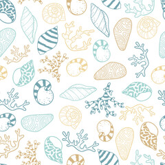 Cute hand drawn sea shells seamless pattern, summer background, great for textiles, banners, wallpapers - vector design - obrazy, fototapety, plakaty