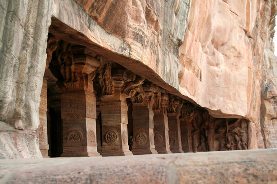 Temple Cut In Monolithic Red Sandstone Rock At Badami In Karnataka, India, Asia