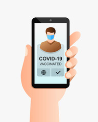 Mobile phone display and vaccination pass as proof of getting vaccinated. Person holding smartphone in hand and showing digital card on screen. COVID-19, coronavirus and vaccine concept.