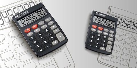 Calculator vector set. Office calculator in black color with School tools for learning top view 3D realistic look for design elements. Vector illustration. - obrazy, fototapety, plakaty