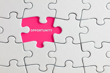 The word opportunity written on pink missing puzzle piece. New openings and possibilities