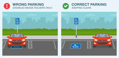 Parking rule. Correct and wrong parking. Keep clear disabled parking area. Flat vector illustration template.