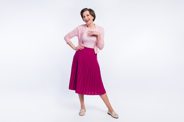 Photo of sweet pretty mature woman dressed pink outfit standing smiling laughing isolated white color background