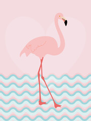 Pink flamingos on the background of sea waves. Tropical romantic card with a bird for printing on clothes, notebooks, decorative pillows, cups. 