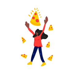 African American woman jumping for a pizza. Vector illustration